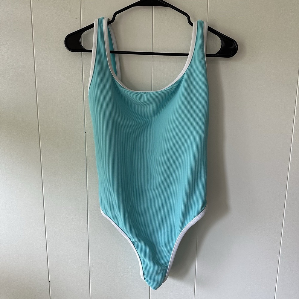Lain Snow Ocean Isle Women's Ribbed One Piece Turquoise Blue/White Swimsuit NWOT
